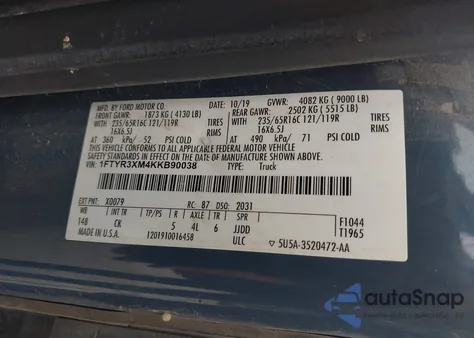 2019 Ford Transit-250 из США, поврежденный, VIN 1FTYR3XM4KKB90038